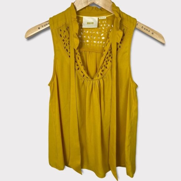 Anthropologie‎ Maeve Mustard Yellow Laser Cut Out Tie Neck Blouse Size 2 Petite - Picture 5 of 16